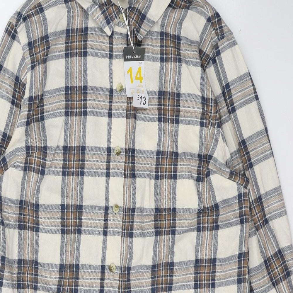 Primark Womens Beige Plaid Cotton Shirt Dress  Size 14  Collared Button