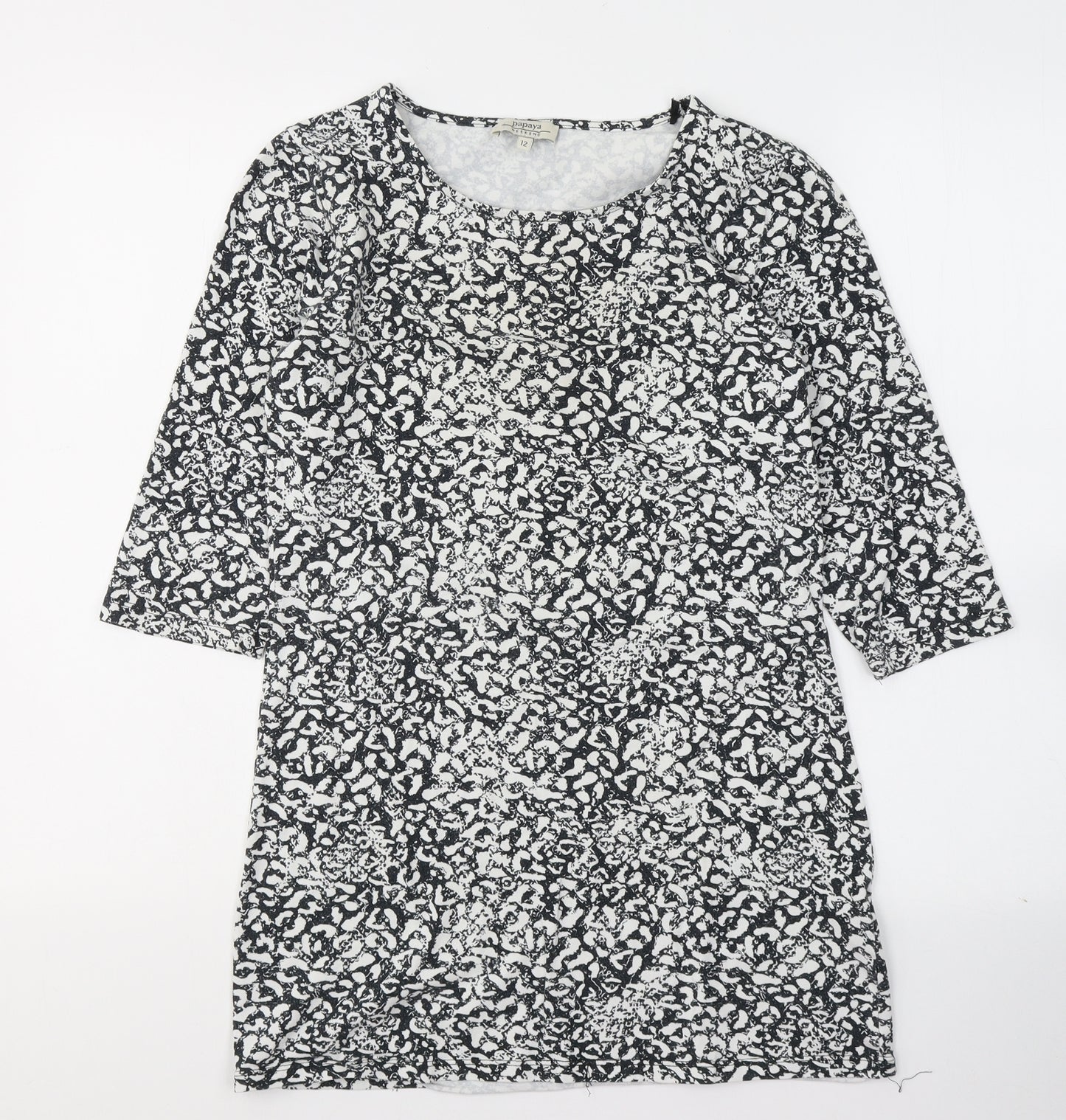 Papaya Womens Black Geometric Cotton Basic Blouse Size 12 Round Neck