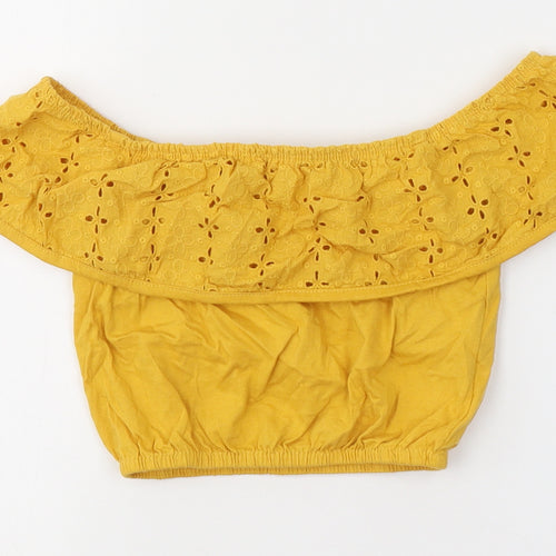Primark Girls Yellow  Cotton Cropped T-Shirt Size 7-8 Years Off the Shoulder Pullover