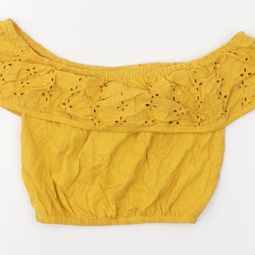 Primark Girls Yellow  Cotton Cropped T-Shirt Size 7-8 Years Off the Shoulder Pullover