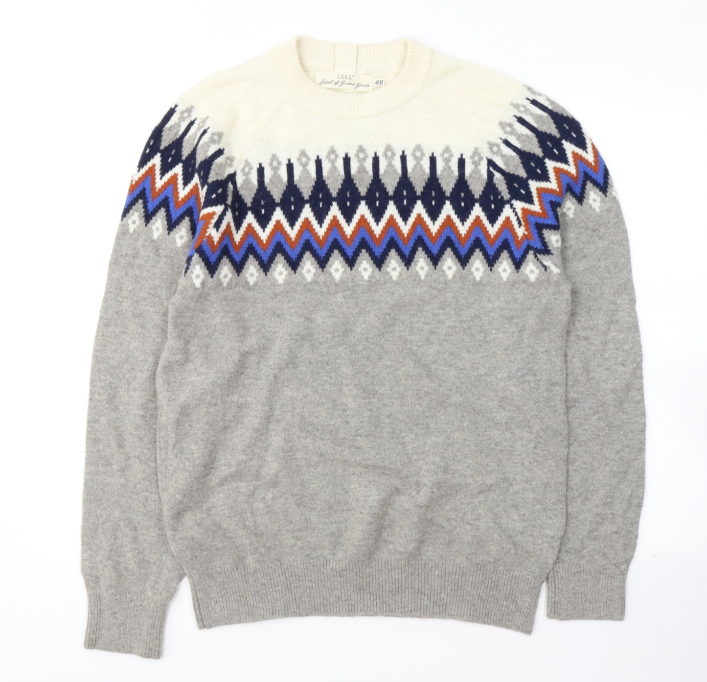 Lodge Mens Grey Round Neck Geometric Polyamide Pullover Jumper Size S