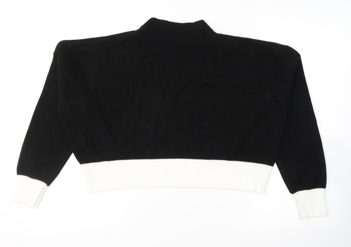 PRETTYLITTLETHING Womens Black Colourblock Acrylic Cropped T-Shirt Size L Round Neck