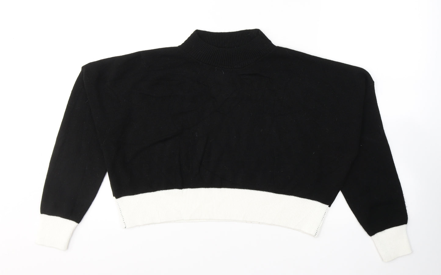 PRETTYLITTLETHING Womens Black Colourblock Acrylic Cropped T-Shirt Size L Round Neck
