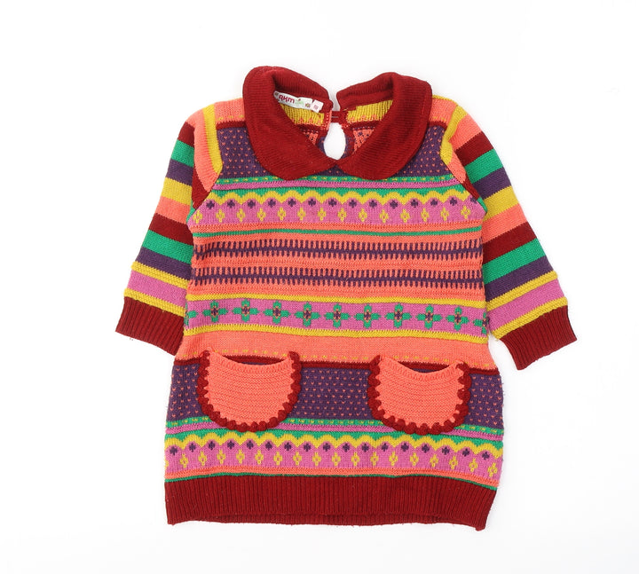 RKM Girls Girls Red Geometric Polyester Jumper Dress Size 18 Months Collared Pullover