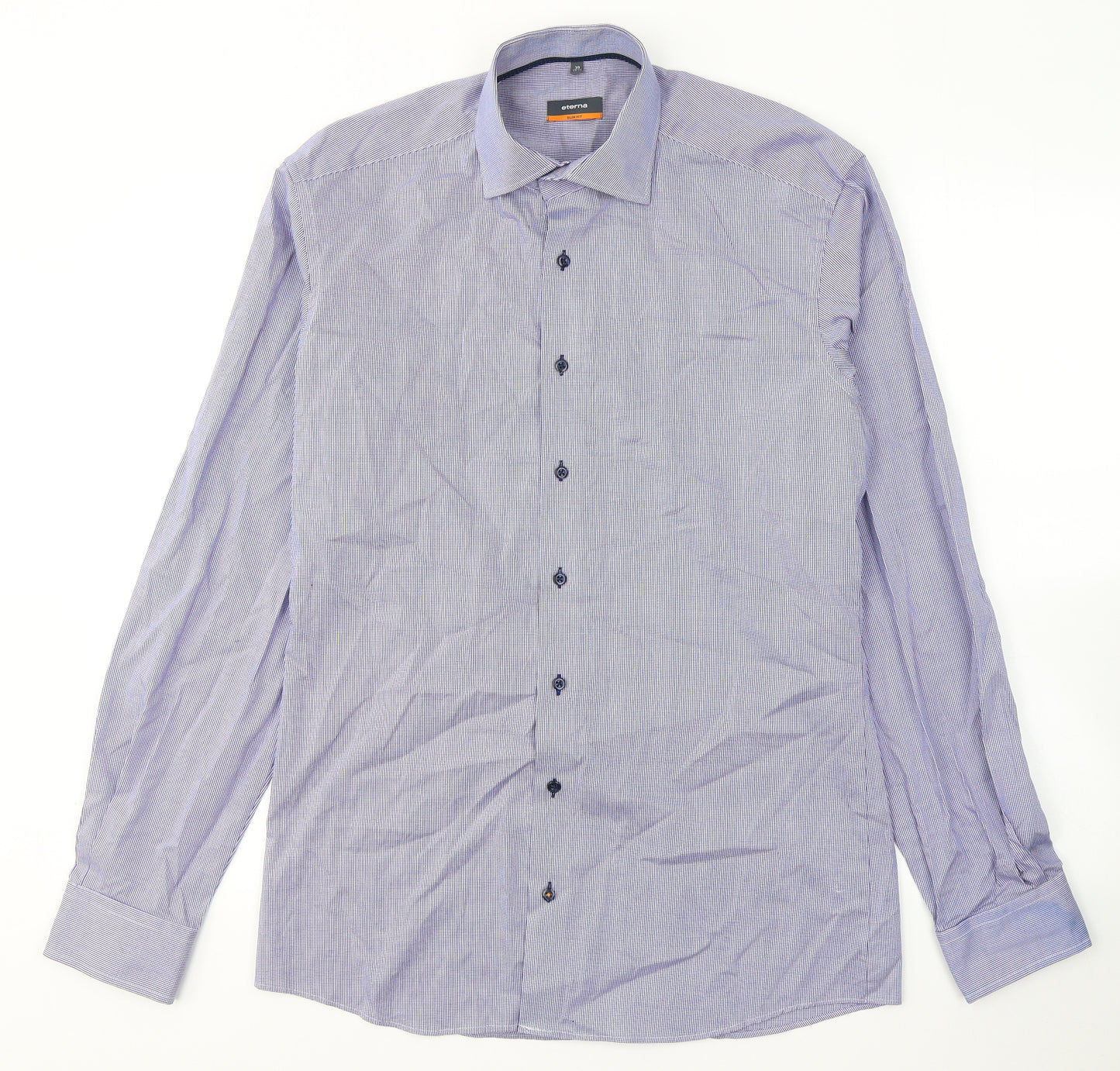Eterna Mens Blue Plaid Cotton  Dress Shirt Size L Collared Button