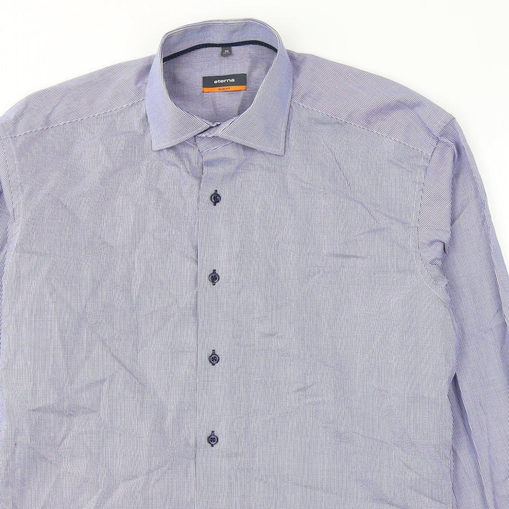 Eterna Mens Blue Plaid Cotton  Dress Shirt Size L Collared Button