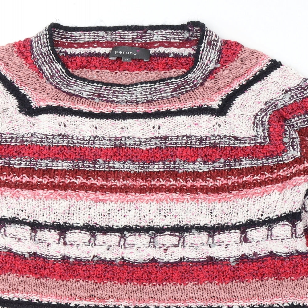 Marks and Spencer Womens Red Round Neck Striped Cotton Pullover Jumper Size 14