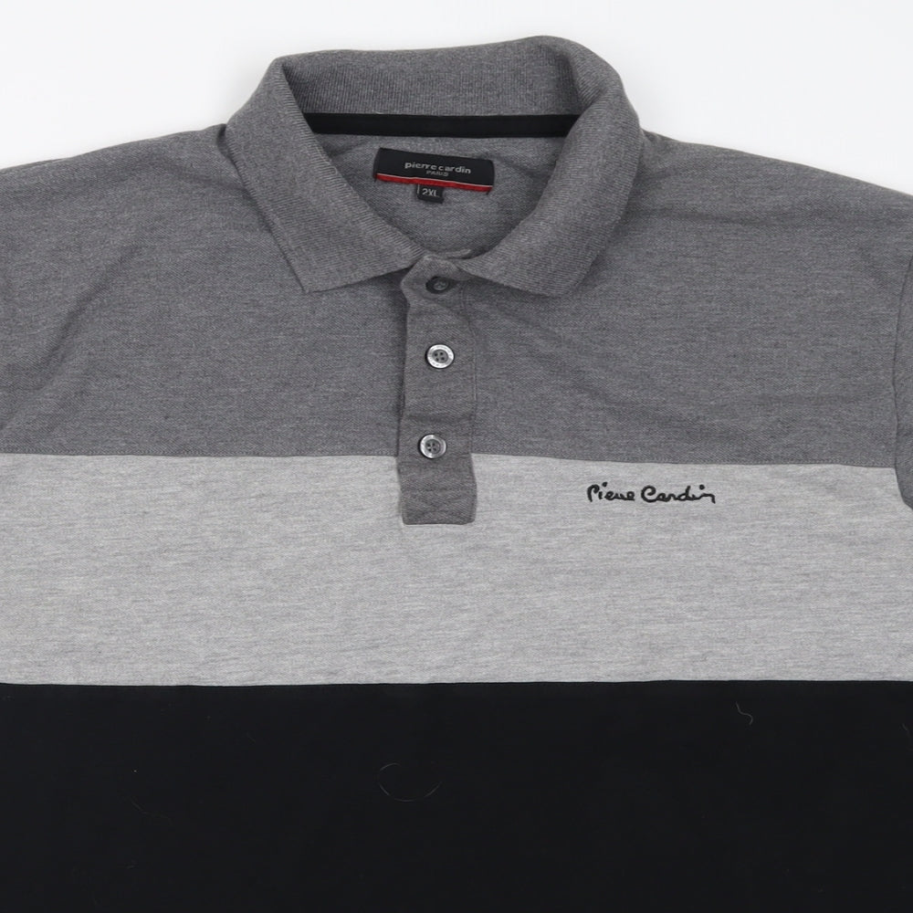 Piere Candin Mens Grey Striped Cotton  Polo Size 2XL Collared Button