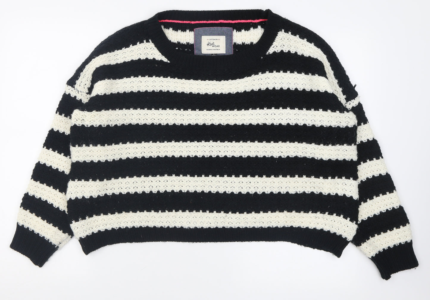 Cotton On Womens White Crew Neck Striped Acrylic Pullover Jumper Size L