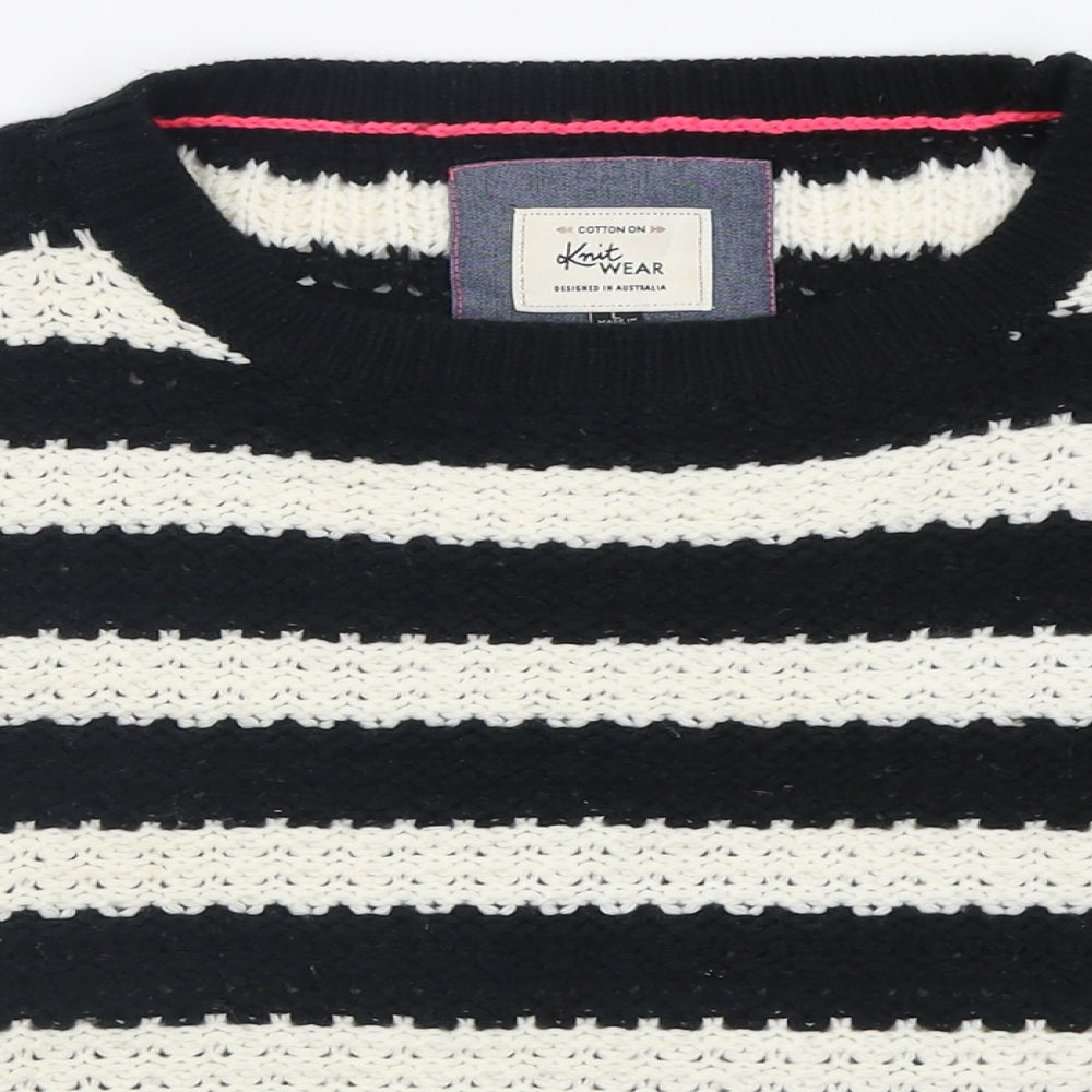 Cotton On Womens White Crew Neck Striped Acrylic Pullover Jumper Size L