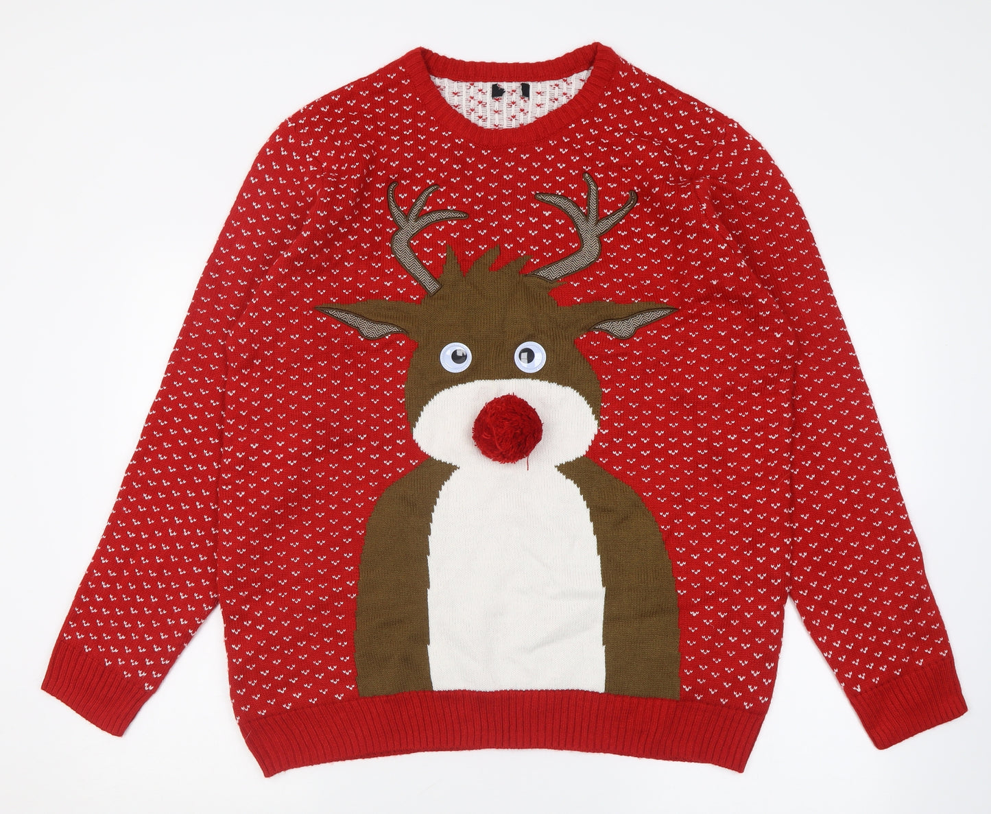 F&F Mens Red Crew Neck  Acrylic Pullover Jumper Size XL   - Reindeer