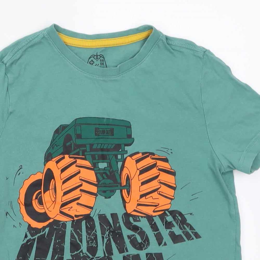 F&F Boys Green  Cotton Basic T-Shirt Size 6-7 Years Crew Neck Pullover - monster jam