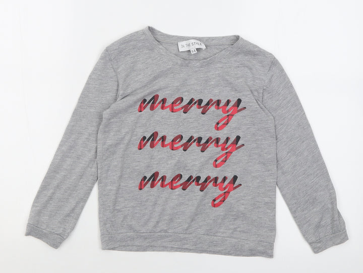 In the Style Girls Grey Polyester Basic Casual Size 5-6 Years Crew Neck Pullover - Christmas