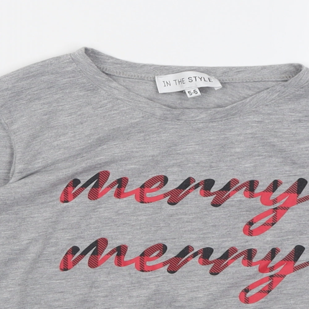 In the Style Girls Grey  Polyester Basic Casual Size 5-6 Years Crew Neck Pullover - Christmas