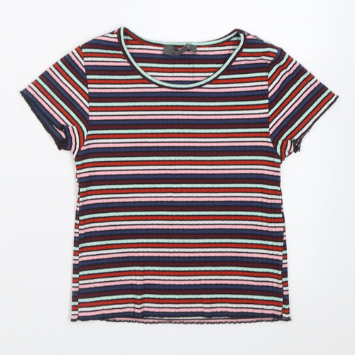 Primark Womens Multicoloured Striped Polyester Cropped T-Shirt Size 6 Crew Neck
