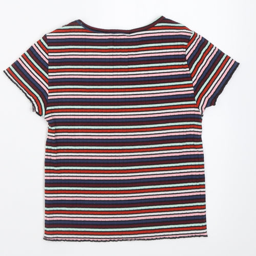Primark Womens Multicoloured Striped Polyester Cropped T-Shirt Size 6 Crew Neck