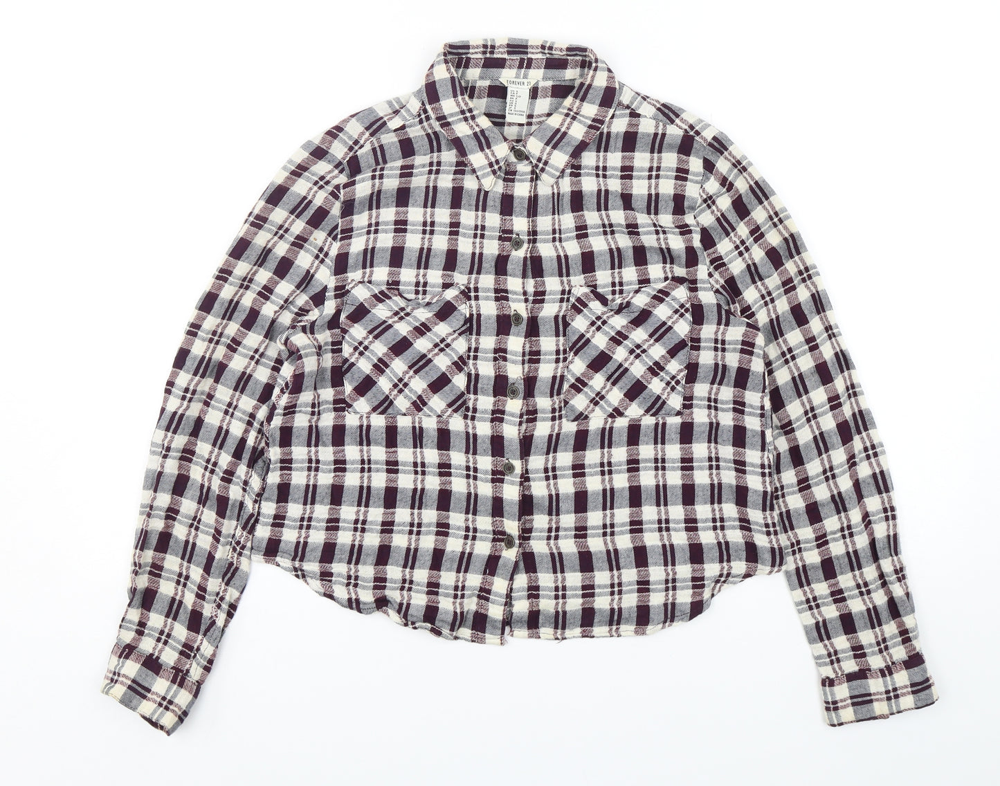 FOREVER 21 Womens Multicoloured Plaid Cotton Cropped Button-Up Size S Collared