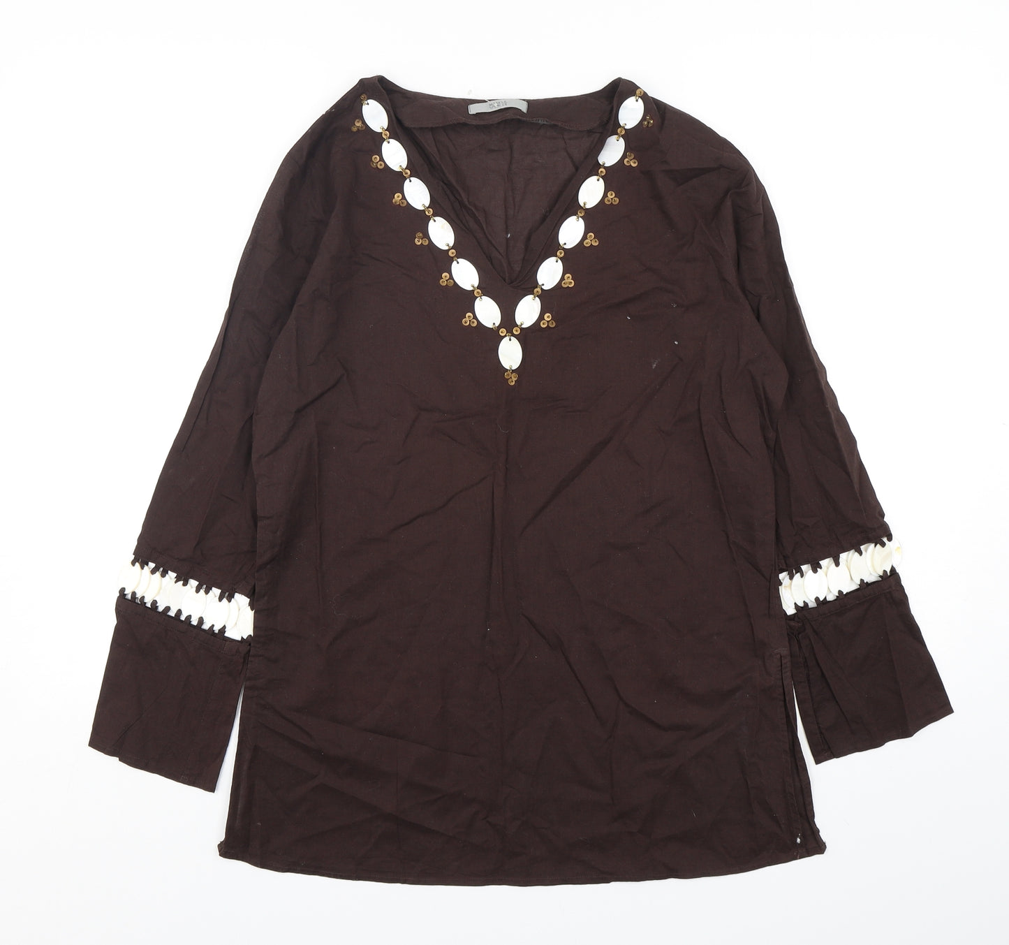 Marks and Spencer Womens Brown  Cotton Basic Blouse Size 12 V-Neck