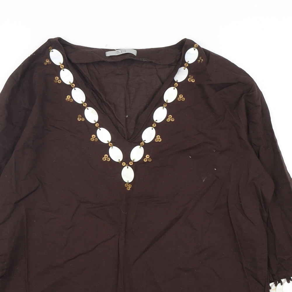 Marks and Spencer Womens Brown  Cotton Basic Blouse Size 12 V-Neck