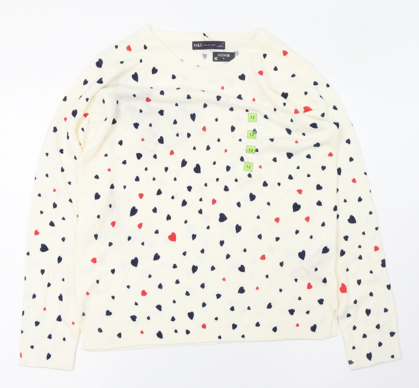 Marks and Spencer Womens Ivory Round Neck Geometric Acetate Pullover Jumper Size 12   - Heart print