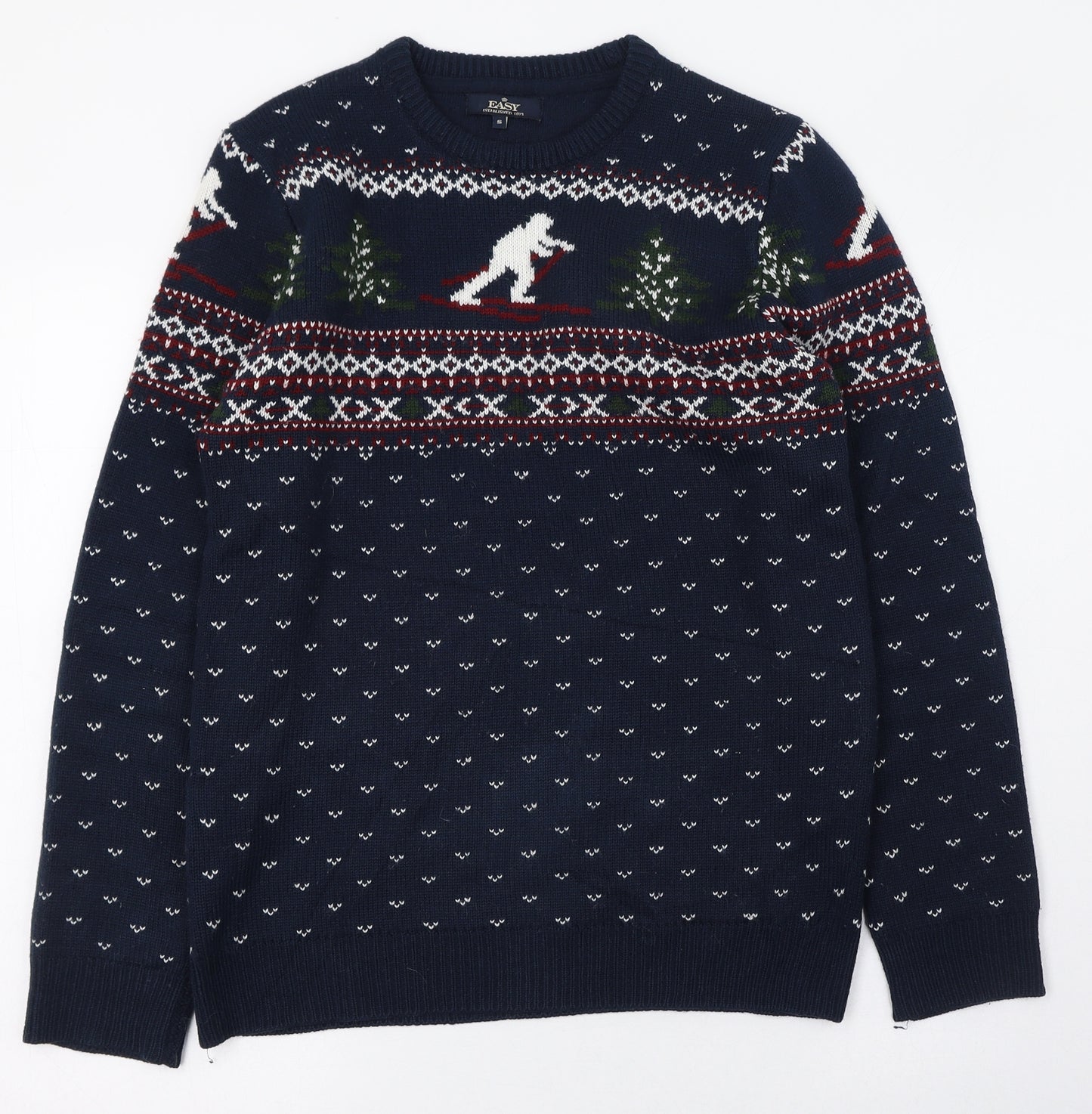 Easy Mens Blue Round Neck Fair Isle Acrylic Pullover Jumper Size S   - Christmas