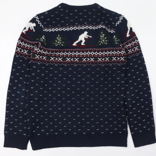 Easy Mens Blue Round Neck Fair Isle Acrylic Pullover Jumper Size S   - Christmas