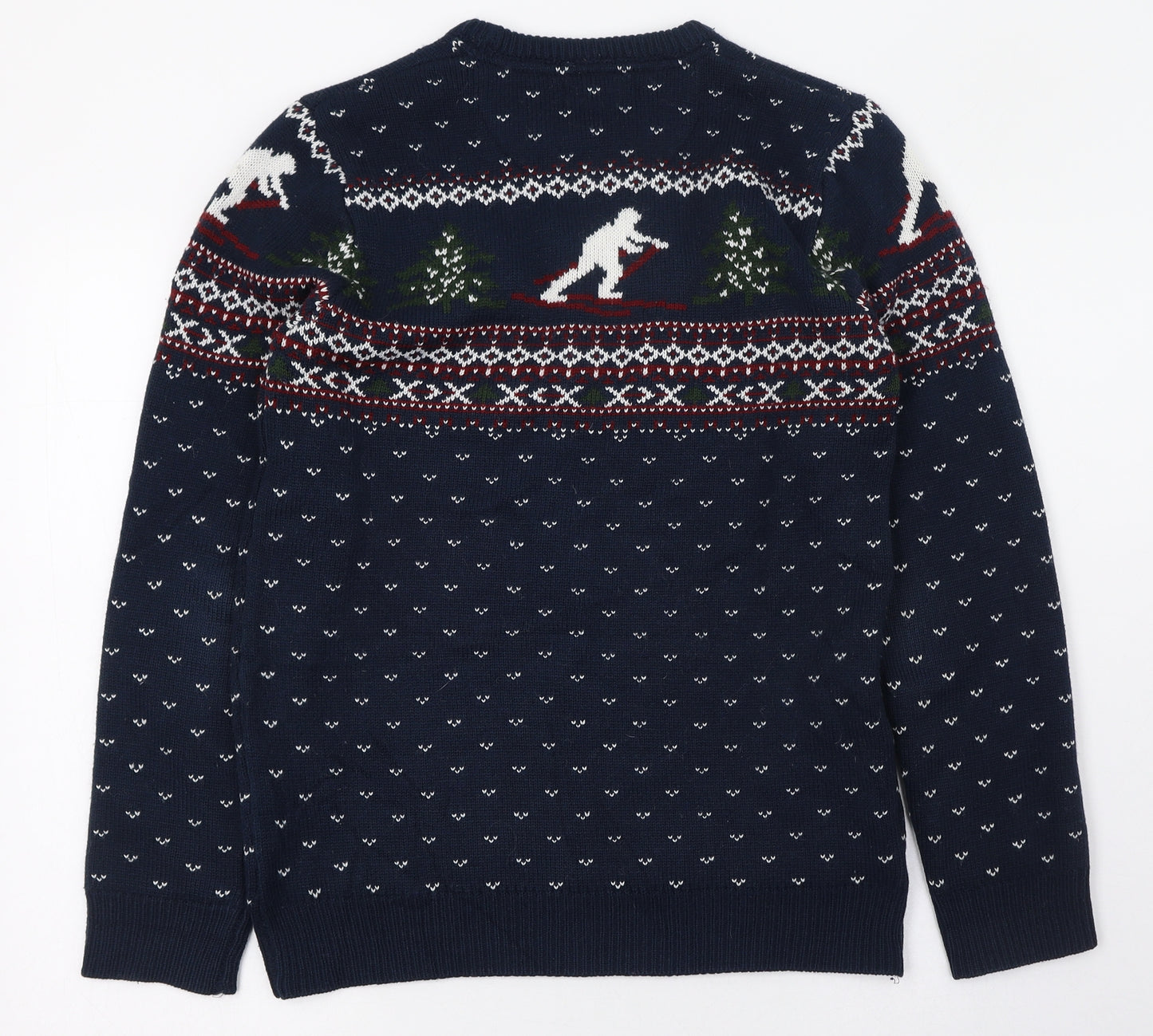 Easy Mens Blue Round Neck Fair Isle Acrylic Pullover Jumper Size S   - Christmas