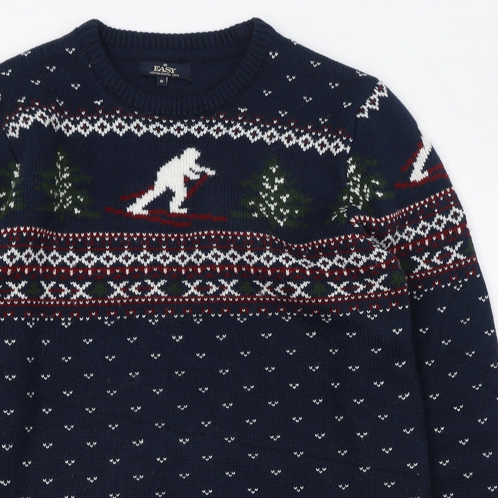 Easy Mens Blue Round Neck Fair Isle Acrylic Pullover Jumper Size S   - Christmas