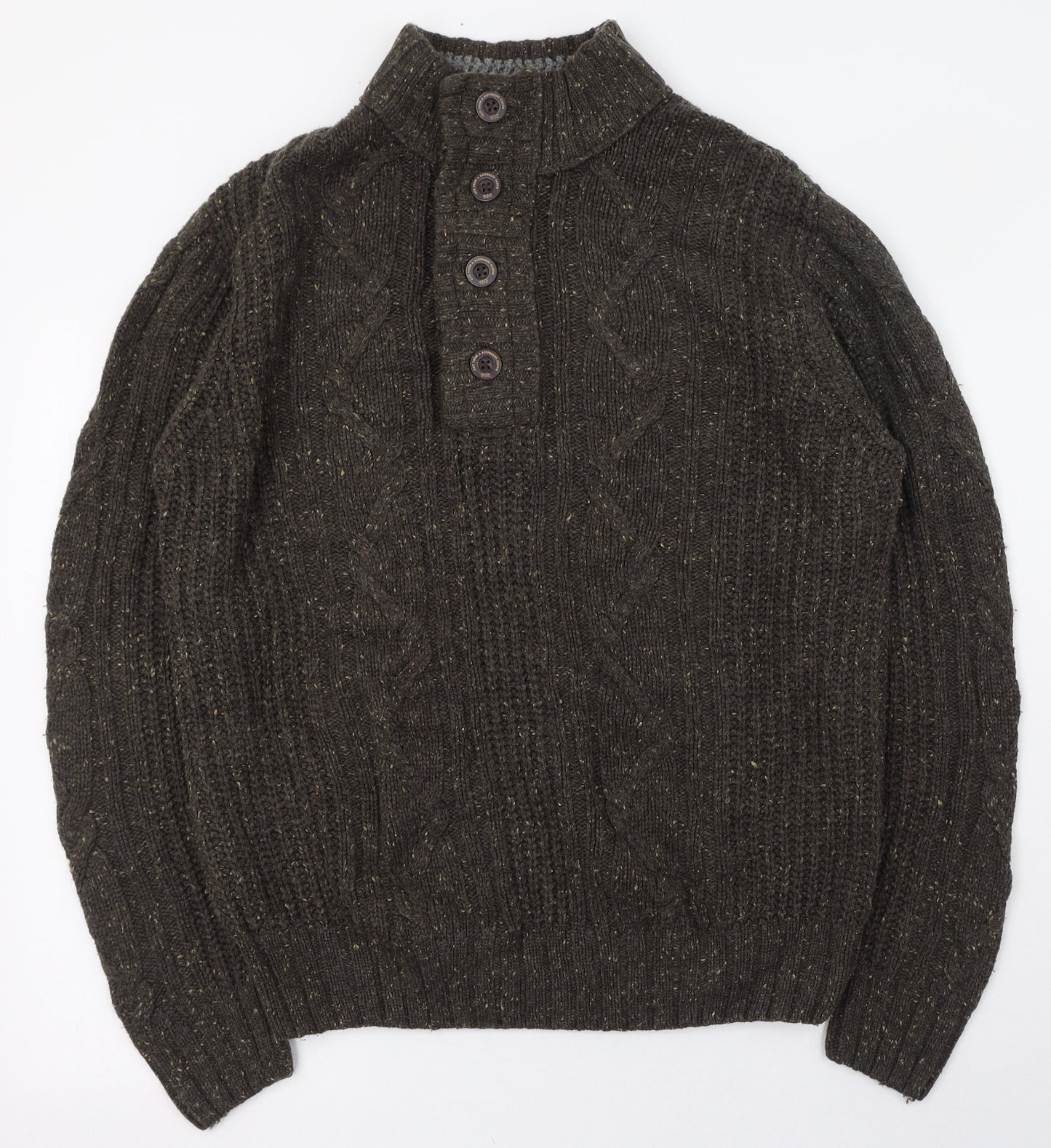 NEXT Mens Green Round Neck  Acrylic Pullover Jumper Size L   - Half Button up