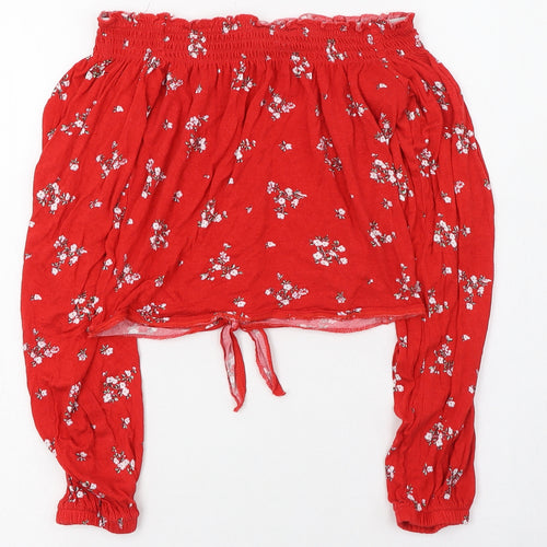 H&M Womens Red Floral Viscose Cropped T-Shirt Size 8 Off the Shoulder