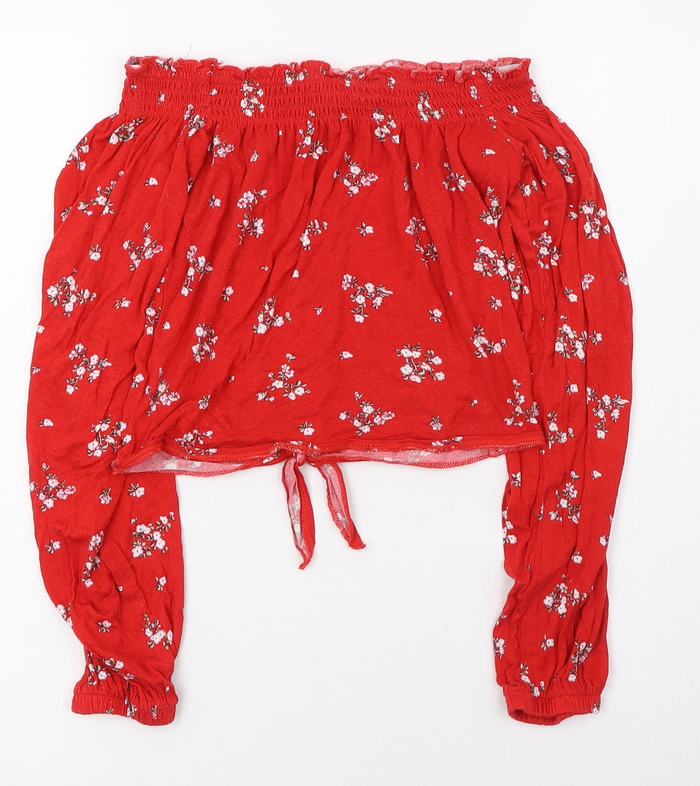 H&M Womens Red Floral Viscose Cropped T-Shirt Size 8 Off the Shoulder
