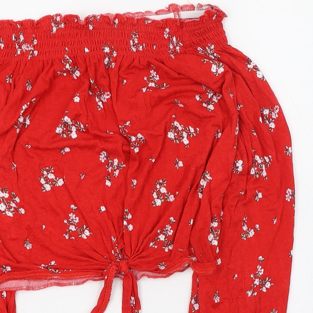 H&M Womens Red Floral Viscose Cropped T-Shirt Size 8 Off the Shoulder