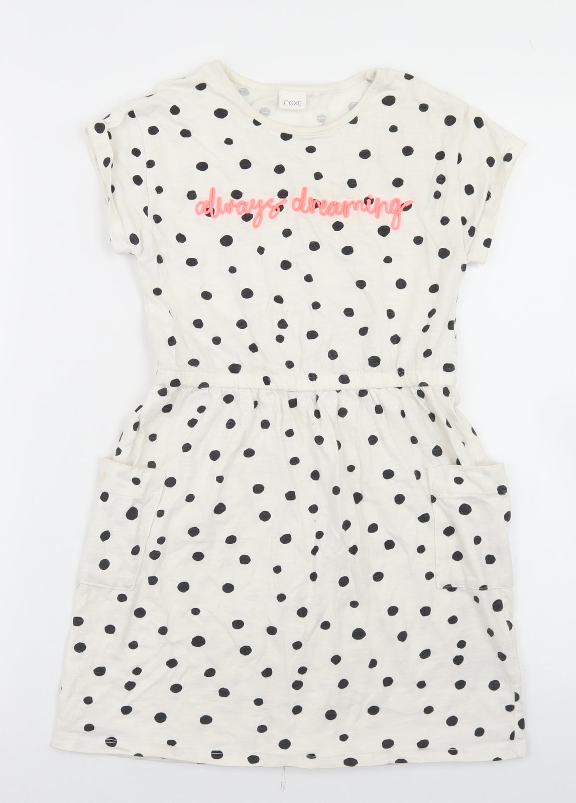 NEXT Girls White Polka Dot Cotton Skater Dress  Size 10 Years  Round Neck  - Always Dreaming