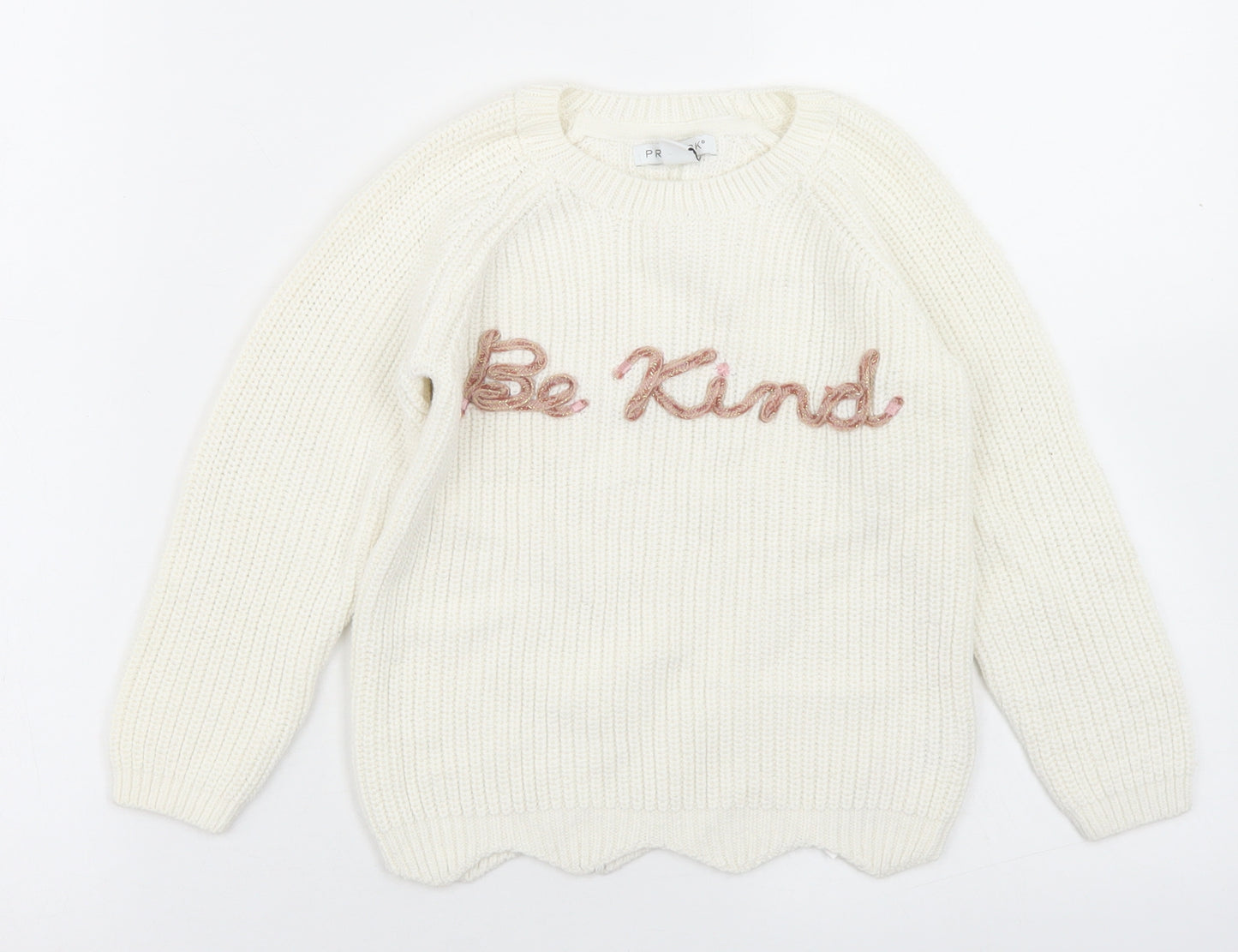 Primark Girls White Crew Neck  Cotton Pullover Jumper Size 5-6 Years   - Be Kind