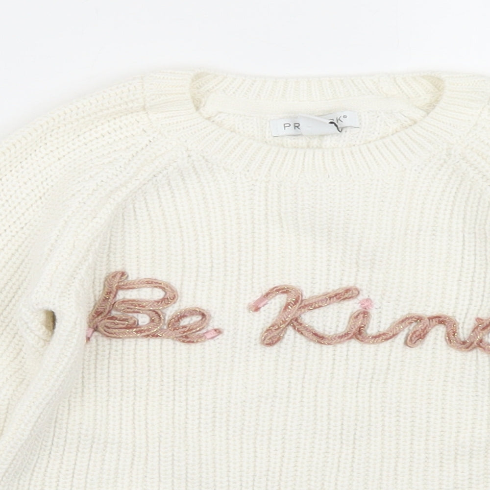 Primark Girls White Crew Neck  Cotton Pullover Jumper Size 5-6 Years   - Be Kind