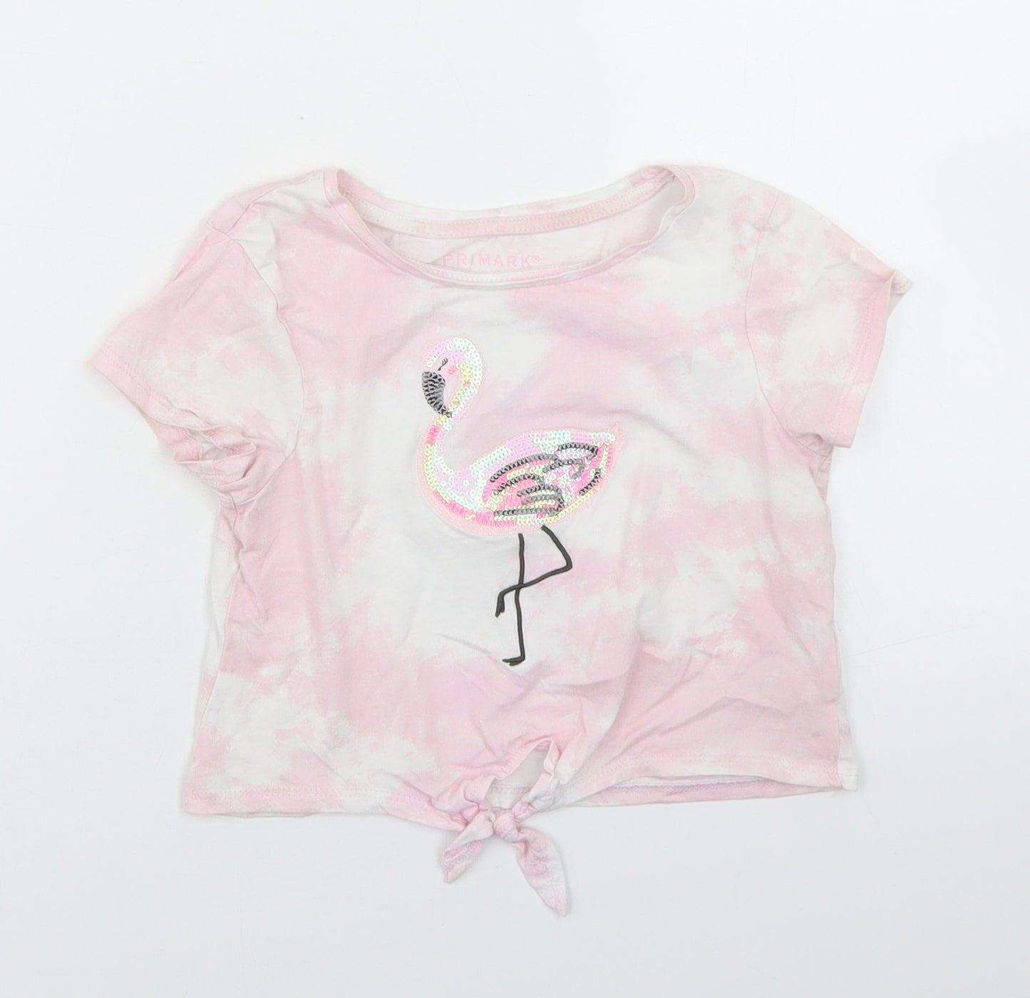 Primark Girls Pink  Cotton Cropped T-Shirt Size 6-7 Years Round Neck  - Flamingo, Tie front