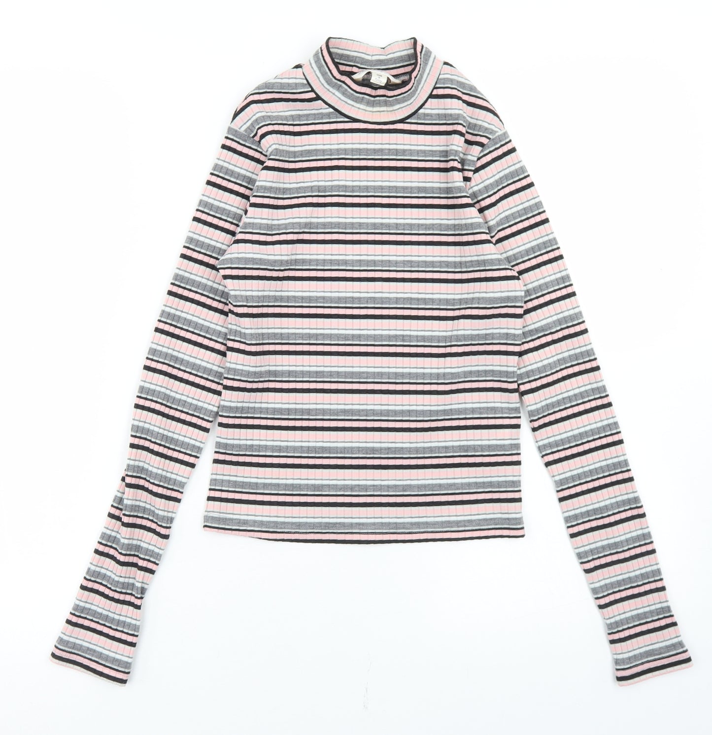 Miss Selfridge Womens Multicoloured Striped Polyester Cropped T-Shirt Size 8 Mock Neck