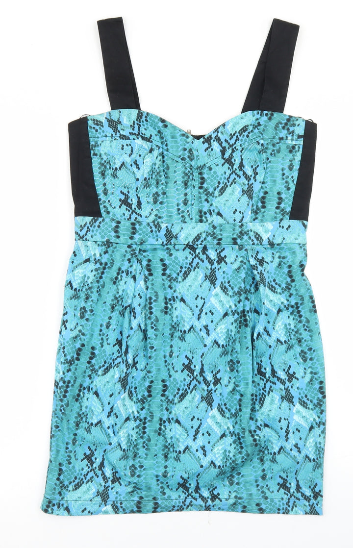 Drama Queen Womens Blue Animal Print Cotton Pencil Dress Size 12 Sweetheart Zip