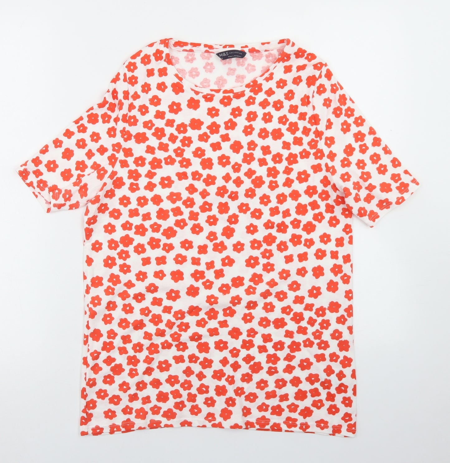 Marks and Spencer Womens White Floral Cotton Basic T-Shirt Size 14 Roll Neck