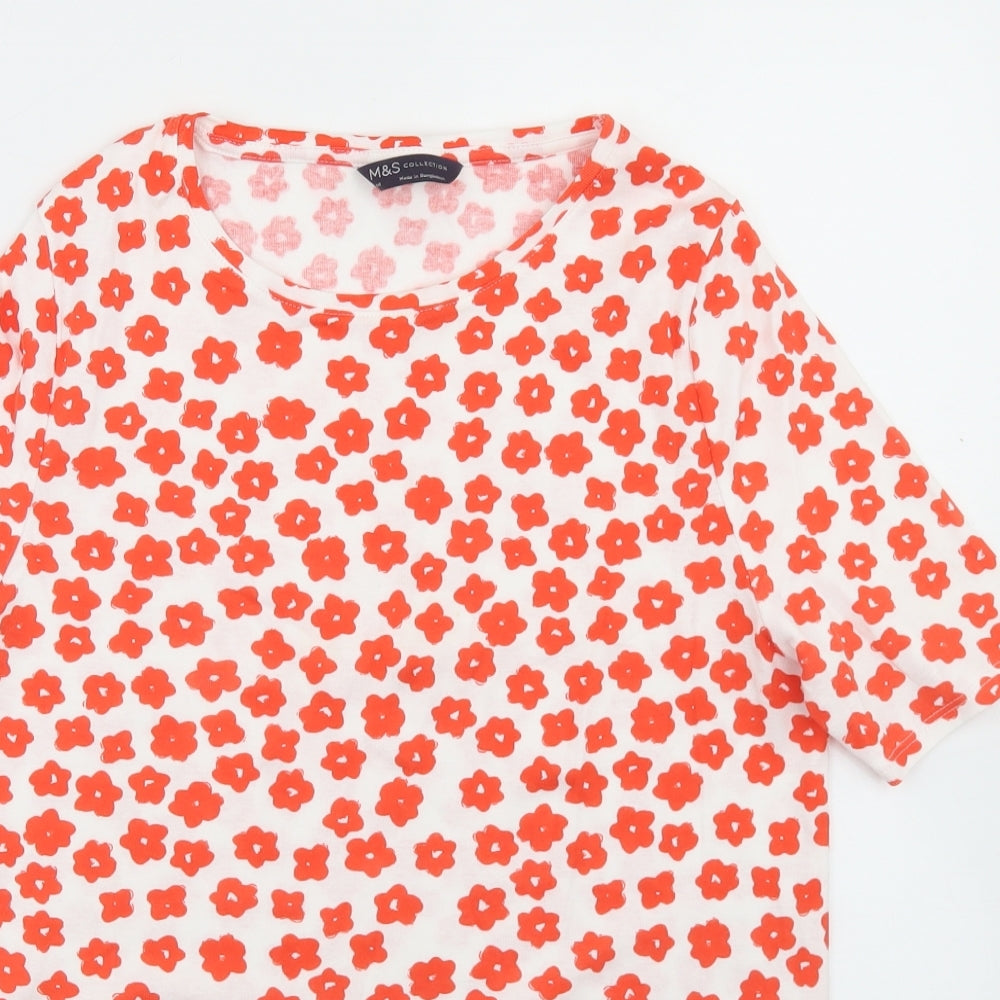 Marks and Spencer Womens White Floral Cotton Basic T-Shirt Size 14 Roll Neck