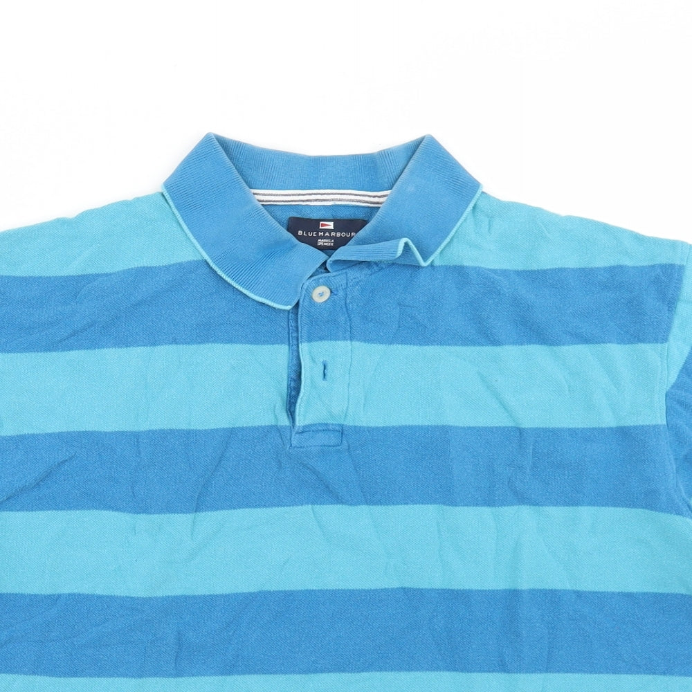 Marks and Spencer Mens Blue Striped Cotton  Polo Size M Collared Button