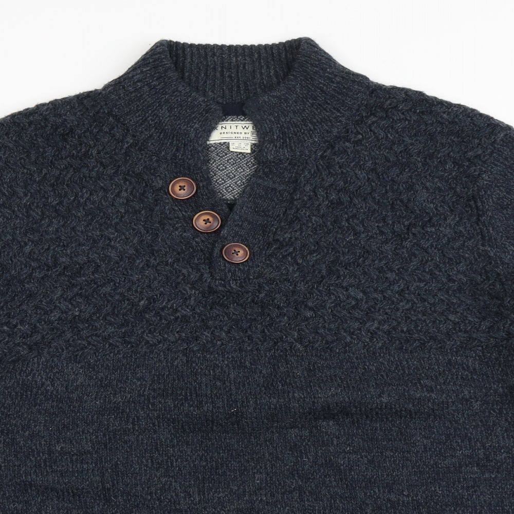 F&F Mens Blue V-Neck  Acrylic Pullover Jumper Size XL