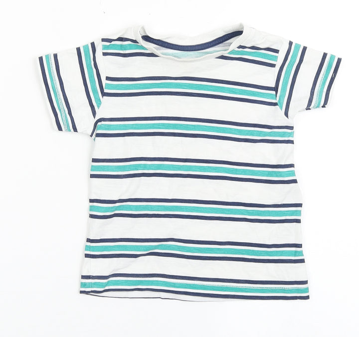 Matalan Boys White Striped 100% Cotton Basic T-Shirt Size 12-18 Months Round Neck Pullover