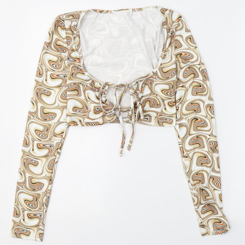 SheIn Womens Beige Paisley Polyester Cropped Blouse Size S V-Neck