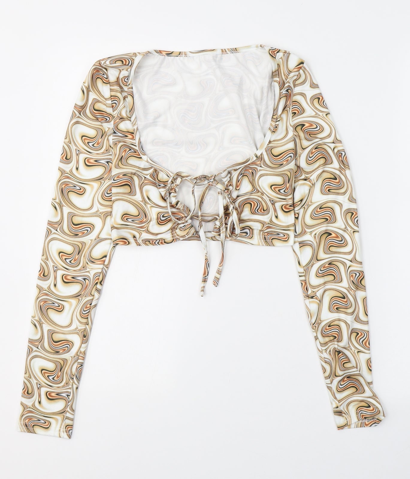 SheIn Womens Beige Paisley Polyester Cropped Blouse Size S V-Neck