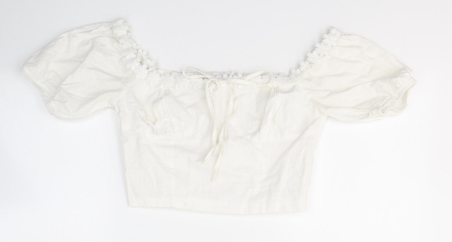 Glamorous Womens White  Polyester Cropped T-Shirt Size 10 Off the Shoulder