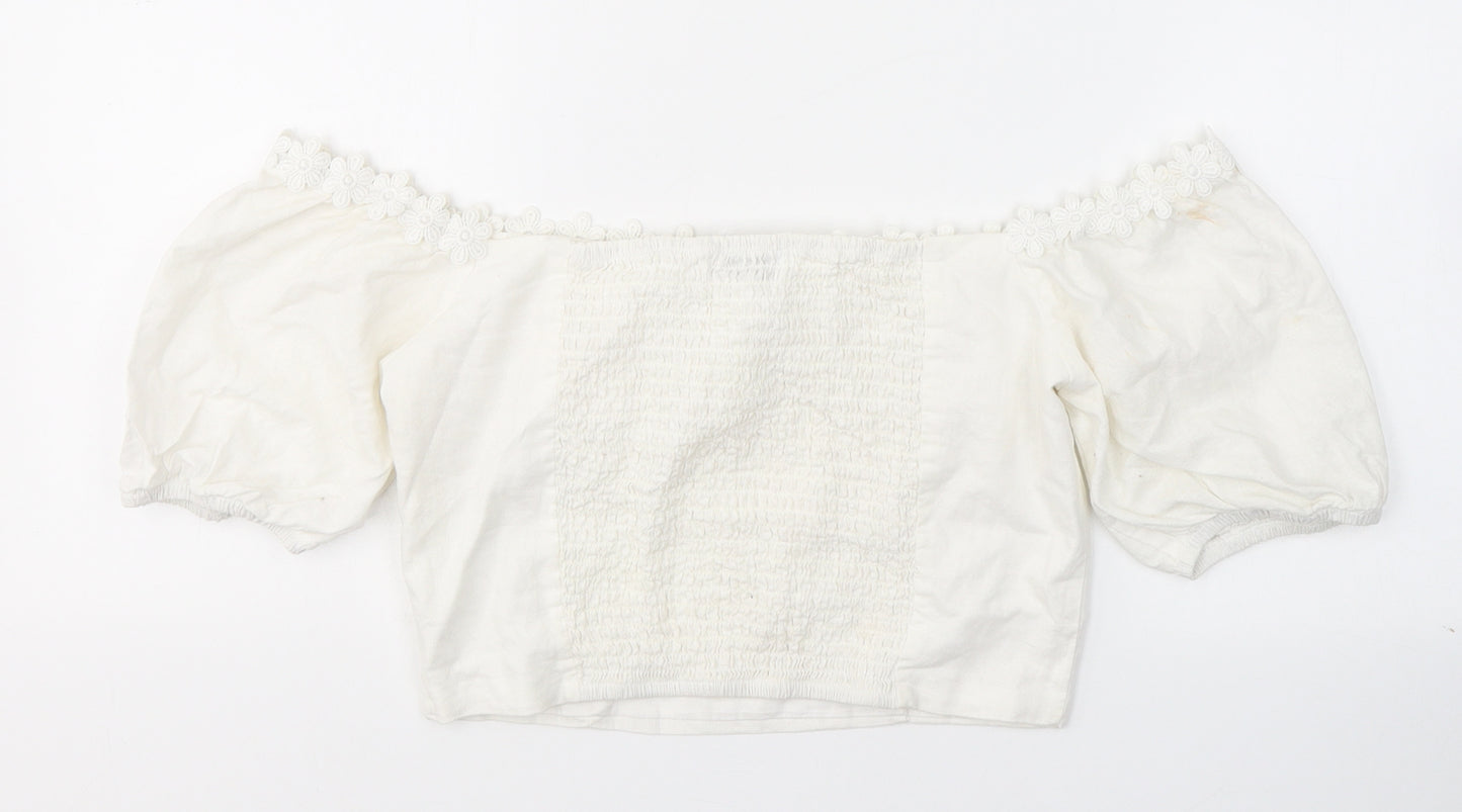Glamorous Womens White  Polyester Cropped T-Shirt Size 10 Off the Shoulder