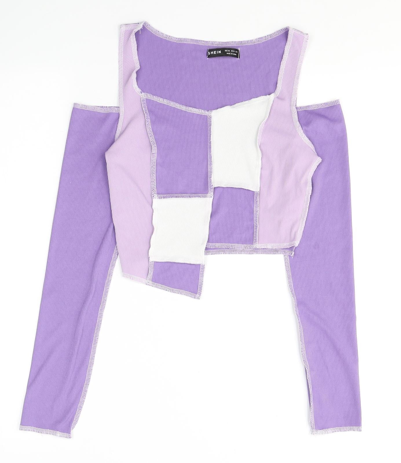 SheIn Womens Purple Colourblock Polyester Cropped Blouse Size XS Round Neck