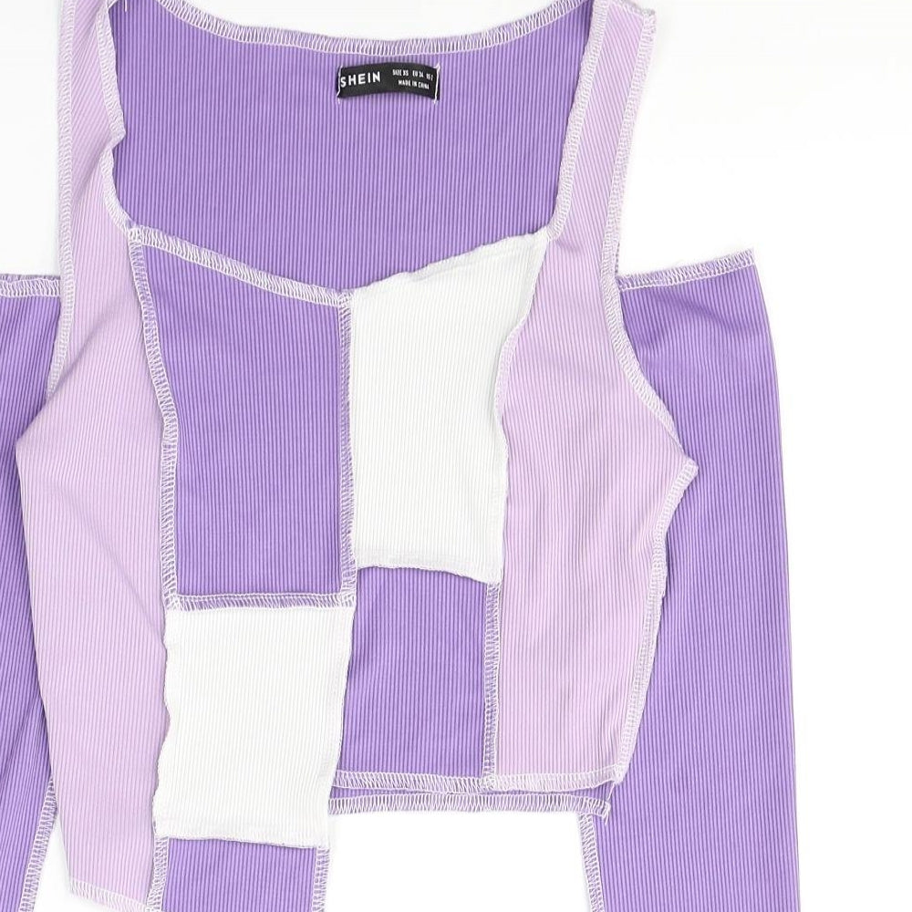 SheIn Womens Purple Colourblock Polyester Cropped Blouse Size XS Round Neck
