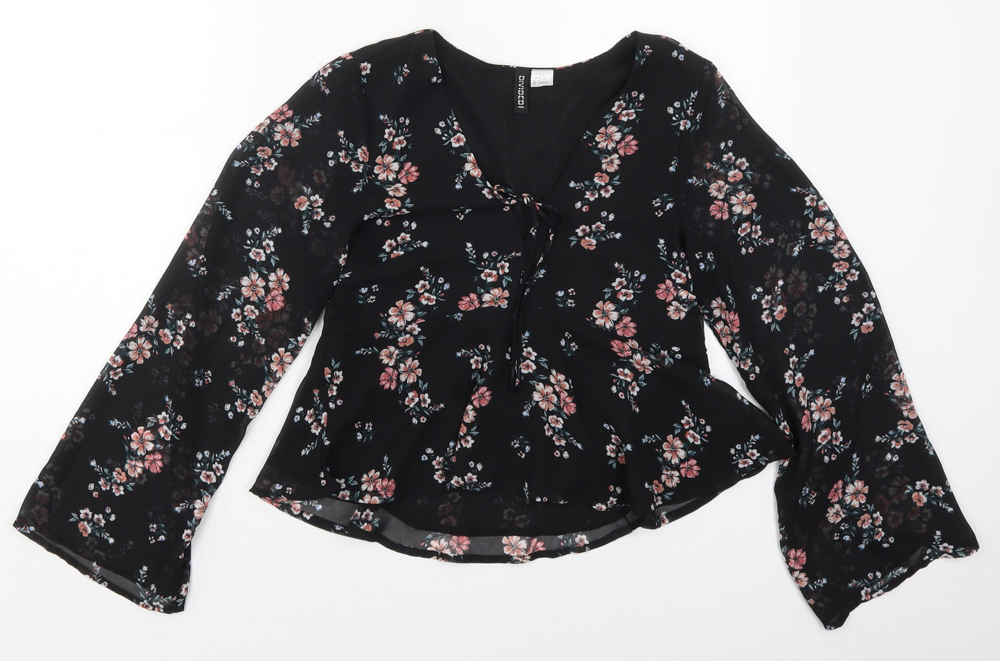 H&M Womens Black Floral Polyester Basic Blouse Size 6 V-Neck